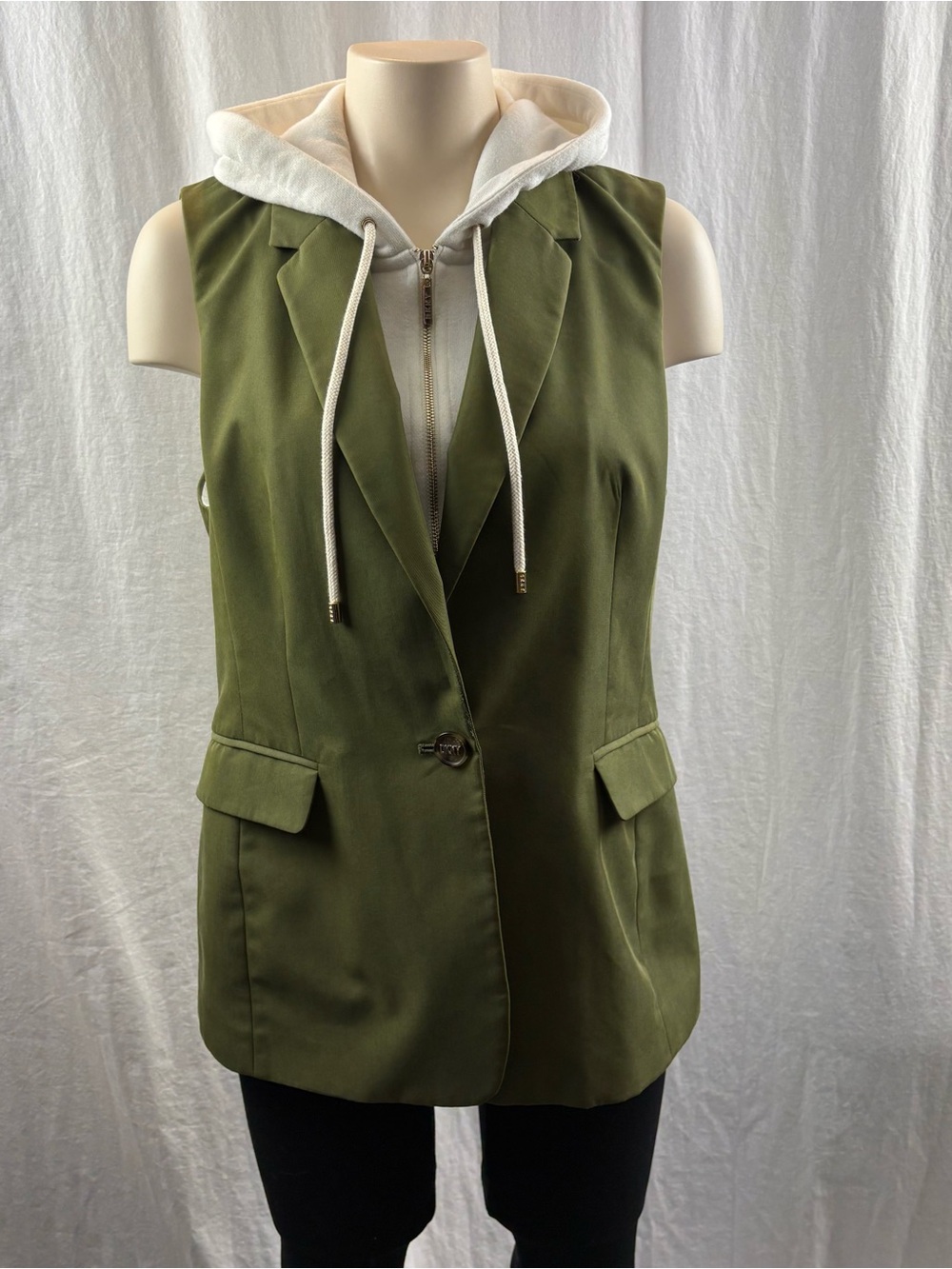 DKNY Olive Green Sleeveless Blazer Vest with Built in Hoodie 10